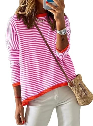Cuptacc Sudadera Mujer Camiseta Rayas Cuello Redondo Manga Larga Elegante Rosa L