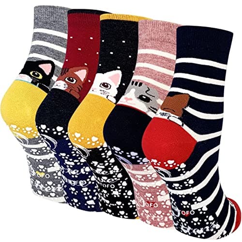 ZFSOCK Calcetines Antideslizantes Mujer Divertidos: Calcetine de Algodon con Agarre Estampado de Gatos Animal Coloridos Originales para Fitness Hospital 5 Pares Talla EU 35-42 Gatito