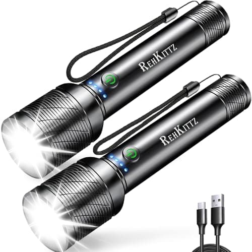 REHKITTZ Linterna LED Recargable Alta Potencia 2200 Lúmenes, Super Brillante(Batería Incorporada de Gran Capacidad) Linterna, con Indicador de Batería, 5 Modos, Enfoque Ajustable Flashlight(2 Piezas)