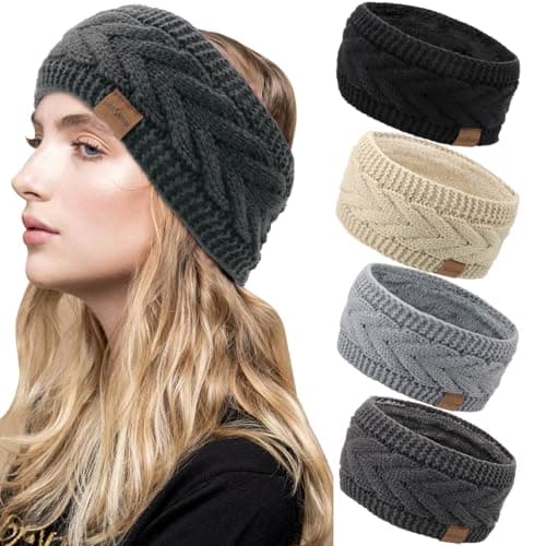 DRESHOW Diadema de Punto Cálido para Mujer Calentador de Orejas de Invierno Elásticos Diademas de Ganchillo Bandas Gruesas con Forro Polar para el Pelo de Lana