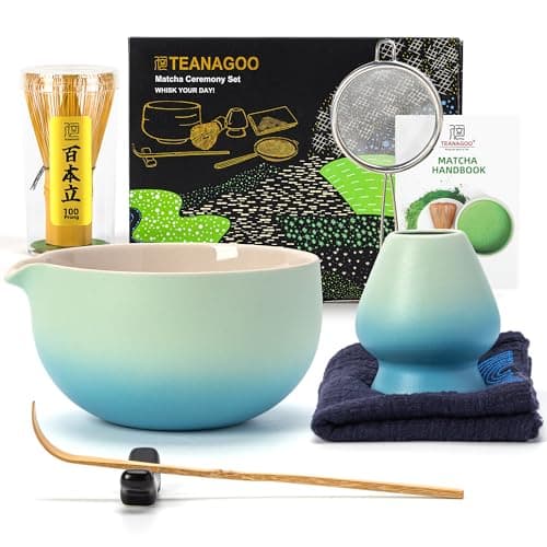 TEANAGOO Matcha Kit(7 piezas) Juego de batidores de matcha Tazón de matcha con pico Batidor de matcha de bambú (Chasen) Cuchara (Chashaku). N31, Azul degradado