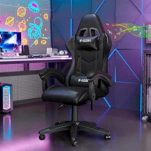 bigzzia Silla Gaming con Cojín Lumbar y Reposacabezas, Silla Gaming Regulable en Altura, para Oficina, Silla Gamer Ergonómica para Adultos y Adolescentes (Bluetooth, Negro)
