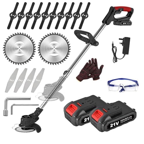 SMILOVII Desbrozadora Bateria 21V (650W), Cortabordes Electrico 3 en 1 con 2 Baterías 2000mAh, Desbrozadora Electrica Multifunción para Jardín, 16 Cuchillas y Cabezal 90°, Desbrozadoras para Maleza