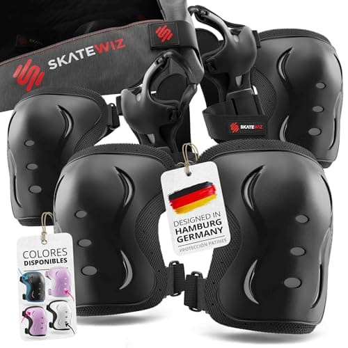 SKATEWIZ Rodilleras Patines Adulto - Rodilleras Skate, Protecciones Mujer - Protecciones Adulto, Kit Protección - Patines De Hielo - Impact Talla M Negro