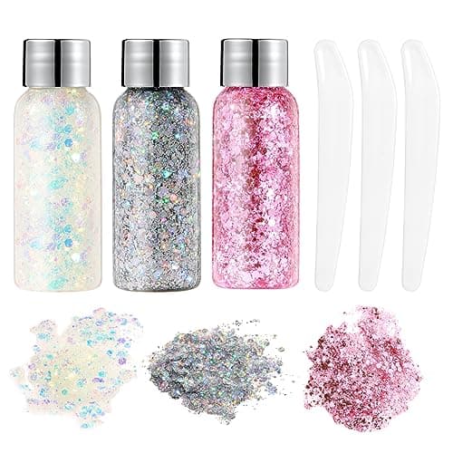 URAQT Purpurina Cara, 3pcs Purpurina Líquida para Maquillaje Festival, Gel Chunky Glitter Corporal ​para Purpurina Maquillaje, Brillantes para la Cara, Cabello y Cuerpo para Halloween (C)