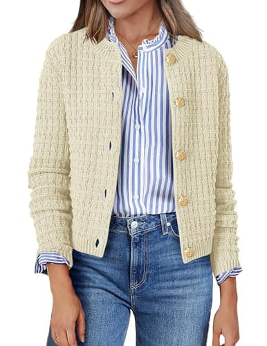 Zeagoo Cárdigan de punto para mujer, manga larga, cuello redondo, botones, chaqueta de punto frontal abierta, suéter elegante para mujer, beige, XXL