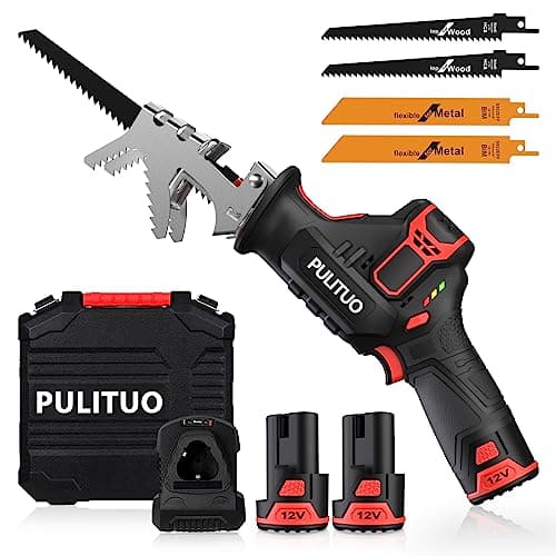 PULITUO Sierra Inalámbrica, 12V, Velocidad Variable, 4 Hojas de Sierra para Madera y Metal, 2 Baterías de Litio, Cargador Rápido, Mordaza de Sujeción