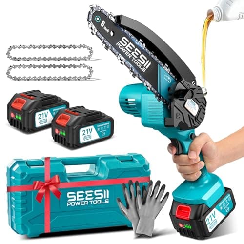 SEESII 6'' Mini Motosierra Bateria 2x4000mAh, Motosierra Eléctrica Bateria 900W con Depósito Para El Aceite y Cadena Reemplazable, Motosierra Inalámbrica Portátil para Podar Árboles de Jardinería