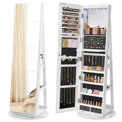 SONGMICS Espejo Joyero con 6 LEDs, Armario de Joyas de Giro de 360°, Organizador de Joyas Giratorio, sin Marco, Espejo Completo con Almacenaje,dia de la madre,Superficie Blanco y Forro Negro JJC007W01