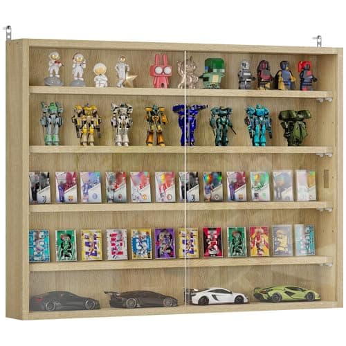 HOMCOM Vitrina Expositora para Colecciones de 5 Niveles, Vitrina de Pared, con Estantes Ajustables y 2 Puertas Correderas de Vidrio, para Perfumes, Figuras de Decoración, 80x9,5x60 cm, Roble