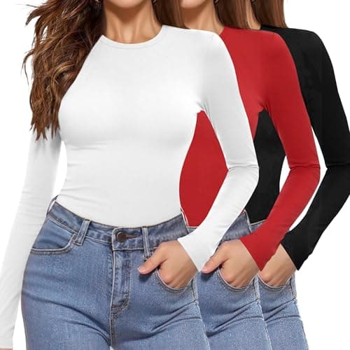 Aottori Pack de 3 Camiseta Cuello Redondo Mujer Manga Larga Basica Ropa Interior Elegante Elástica Ajustada Ligera Termica Tops Negro+Blanco+Rojo XS