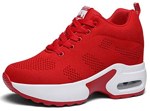 AONEGOLD Zapatillas Deportivas Cuña para Mujer Transpirables Zapatos Wedge Sneakers Tacón Cuña 8CM(Rojo,38 EU)