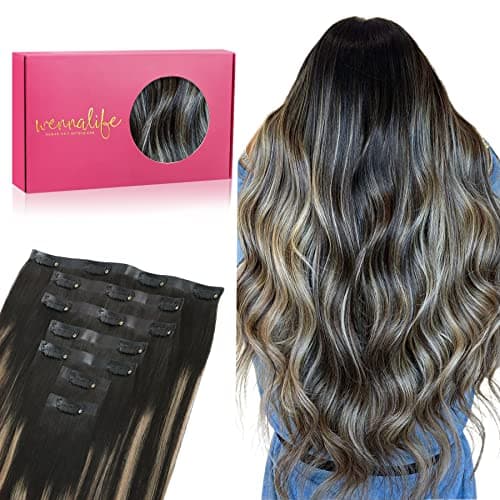 WENNALIFE Extensiones de Clip Seamless de Pelo natural, Balayage Negro Natural a Rubio Claro 55cm 150g 7 Piezas Sin Costuras Extensiones Pelo Natural Clip Extensiones de Cabello Remy Humano Natural