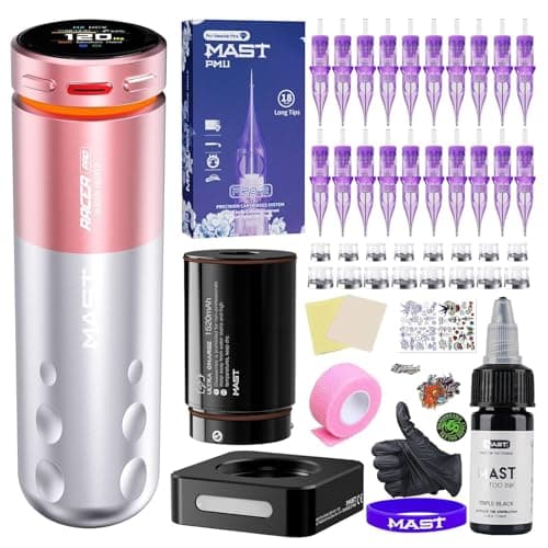 Mast Racer Pro Kit Tatuaje de Máquina de Tatuar Máquina para Inalámbrica con 20 Agujas, 2 Baterías y Tinta Negra Set Completo Pink Color