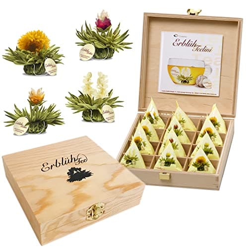 Creano Teelini Flores de Té Blanco 12 uds – Cofre de Madera con Compartimentos – Porción para Taza – Regalo para Ella