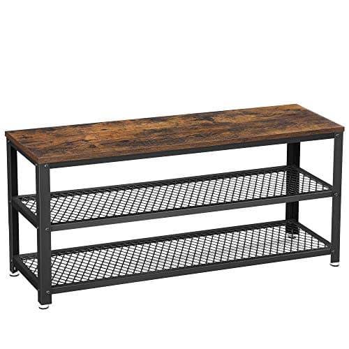 VASAGLE Banco Zapatero, Zapatero con Banco, Banco para Zapatos, Organizador con 2 Estantes, 30 x 100 x 45 cm, para Pasillo, Sala de Estar, Acero, Estilo Industrial, MarrÓn RÚstico y Negro LBS078B01