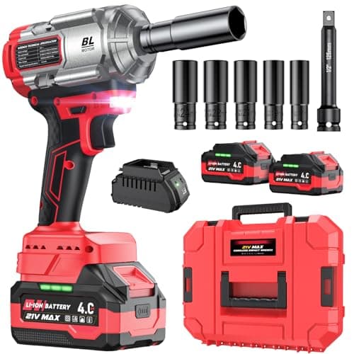 XIAZIR Llave de impacto a bateria 1200 N·m, pistola de impacto bateria, 21V 4.0Ah×2 baterías + cargador rápido, 3 velocidades + luz LED, incluye 5 vasos + barra de extensión + maletín