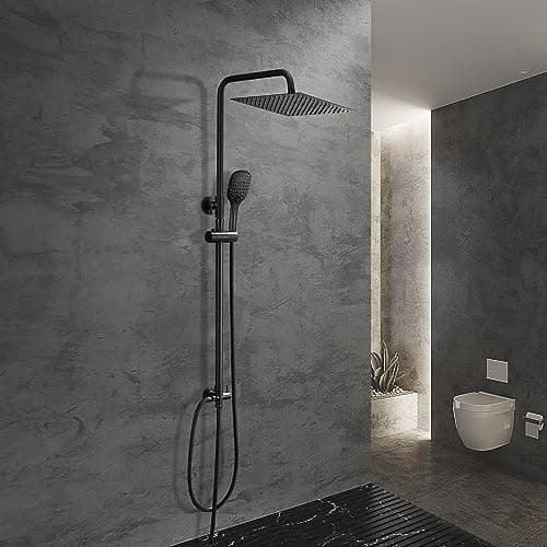 JOHO Columna Ducha Negra Ajustable en Altura Negro Set de Ducha sin Grifo Termostático con Alcachofa Ducha Mano y Cabezal Ducha Lluvia 20x20 cm
