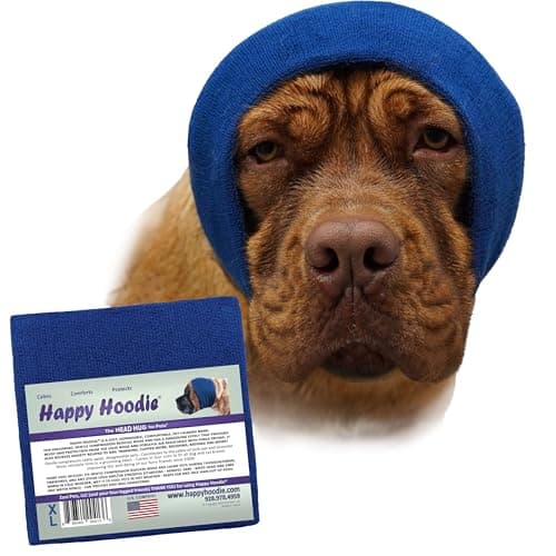 Happy Hoodie - Banda calmante Original para Perros y Gatos, para aliviar la ansiedad, cancelación de Ruido, Fuegos Artificiales, Aseo y Secado Forzado, Ayuda calmante para Perros Desde 2008, XL, Azul