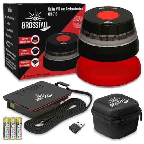 Brosstall Baliza V16 Homologada DGT con Geolocalización, Tarjeta SIM hasta 2038, sin suscripciones, Luz de Emergencia Geolocalizada Conectada con la DGT 3.0 para Coche, Libre de Cargos Adicionales