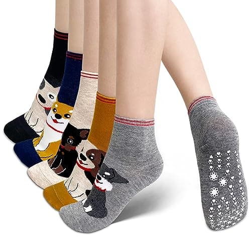 ZFSOCK Calcetines Antideslizantes Mujer Divertidos: Calcetine de Algodon con Agarre Estampado de Gatos Animal Coloridos Originales para Fitness Hospital 5 Pares Talla EU 35-42 Perro