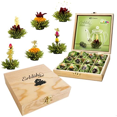 Creano Flores de Té Verde 12 uds – Cofre de Madera Premium – 6 Variedades de Té Verde Frutal – Regalo Elegante para Amantes del Té