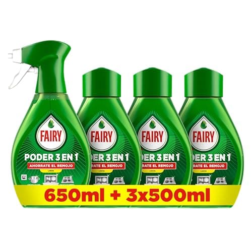 Fairy Pack Poder Sin Remojo Limón Spray 650ml + 3 Recambios 500ml, Antigrasa y Limpieza Rápida para Vajilla y Cocina