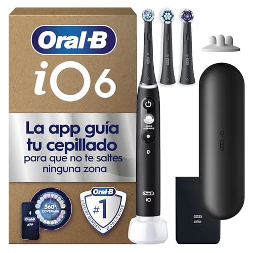 Oral-B iO 6 Cepillo De Dientes Eléctrico Negro con Mango Recargable, 3 Cabezales, 1 Estuche De Viaje, 5 Modos De Cepillado Con Blanqueamiento Dental, Sensor De Presión, Diseñado Por Braun