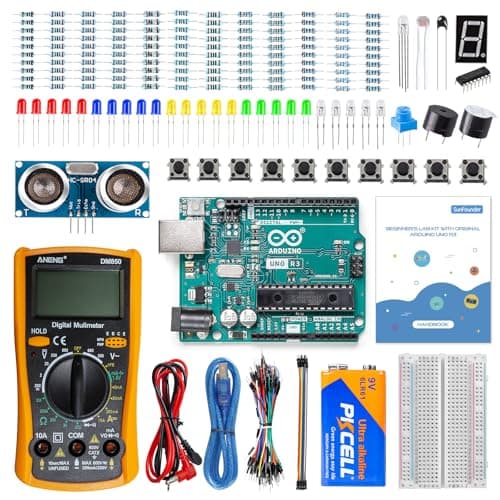 SunFounder Kit de inicio Beginner's Lab con placa Arduino Uno R3 REV3 original, multímetro, 34 proyectos, placa de pruebas, batería HCSR-04, compatible con RoHS, para principiantes e ingenieros