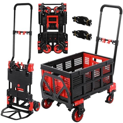2-en-1 Carro y Carretilla Plegable, con Caja Abatible, 150 kg Capacidad, 3 Alturas Ajustables, Incluye 2 Correas de Sujeción, Ideal para Mudanzas, Supermercado y Acampada (Rojo)