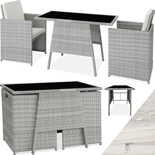 TecTake® Conjunto Jardín Exterior de Ratán y Aluminio, Muebles Jardín Exterior Resistente a la Intemperie, 2 Sillas con Cojines, Mesa Cristal, Apilable, Fundas Extraíbles - Gris Claro