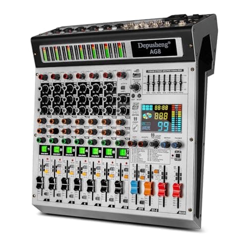 Depusheng AG8 Mezclador de audio profesional de 8 canales con reproductor de MP3, grabación USB, con 2 interfaces AUX, efecto 99 DSP adecuado para profesionales y principiantes