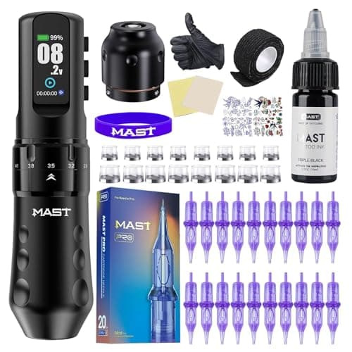 Mast Tattoo Flip4 Pro Kit Máquina de Tatuar Inalámbrica, 7 Carreras Ajustables de 2,5 a 4,5 mm,de 2000 mAh para Principiantes y Profesionales Negro