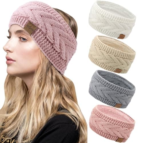 DRESHOW Diadema de Punto Cálido para Mujer Calentador de Orejas de Invierno Elásticos Diademas de Ganchillo Bandas Gruesas con Forro Polar para el Pelo de Lana