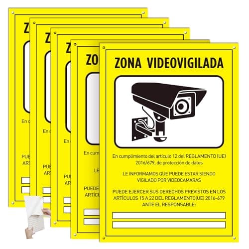 DAOUZL Señal Zona Videovigilada, Cartel Videovigilancia 30x 21cm, Carteles de Zona Videovigilada, Cartel Zona Videovigilada Interior/Exterior, PVC, con Autoadhesivo y Agujeros Pretaladrados (5)