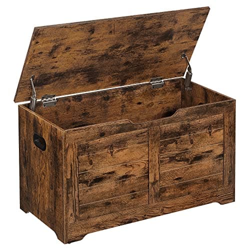 VASAGLE Puff Almacenaje, Banco Almacenaje con 2 Bisagras de Seguridad, Banco Zapatero, Estilo de Campo, 40 x 80 x 46 cm, para Pasillo Dormitorio Salón, Marrón Rústico LSB063T01