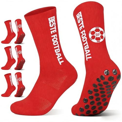 3 pares Calcetines Antideslizantes Futbol, 39-42 Calcetines Deportivos para Hombre Mujer & Niños,Transpirable Medias Futbol Absorbe Sudor Football Socks para Fútbol,Baloncesto,Tenis, Rojo