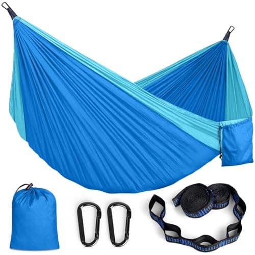 Hamaca Colgante Exterior Amaca Tela Paracaidista Ultraligera con Mosquetones y Correas Ajustables para Camping Jardin Terraza, 295x140cm, Capacidad 350kg, Azul
