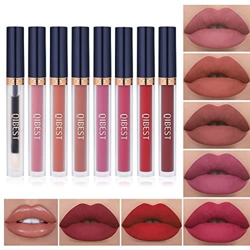 QiBest 7 colores de barras de labios líquidas mate + 1 pieza de relleno de labios nutritivo set de maquillaje, sets de regalo resistentes al agua y altamente pigmentados para niñas y mujeres