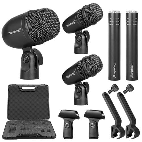 Depusheng - Juego de micrófono para batería de 5 piezas con 3 micrófonos dinámicos de percusión y 2 micrófonos de condensador de percusión ideal para grabación de instrumentos y producción