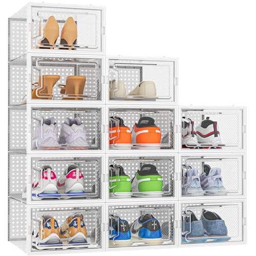 HOMIDEC 12 pcs Cajas de Zapatos, Organizador Zapatos de Plástico Transparente Apilables, Contenedores Organizadores de Zapatos con tapas para Mujeres/Hombres,Blanco