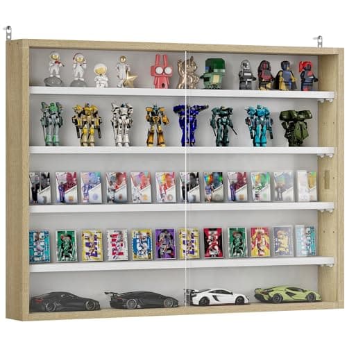 HOMCOM Vitrina Expositora para Colecciones de 5 Niveles, Vitrina de Pared, con Estantes Ajustables y 2 Puertas Correderas de Vidrio, para Perfumes, Figuras de Decoración, 80x9,5x60 cm, Blanco y Roble