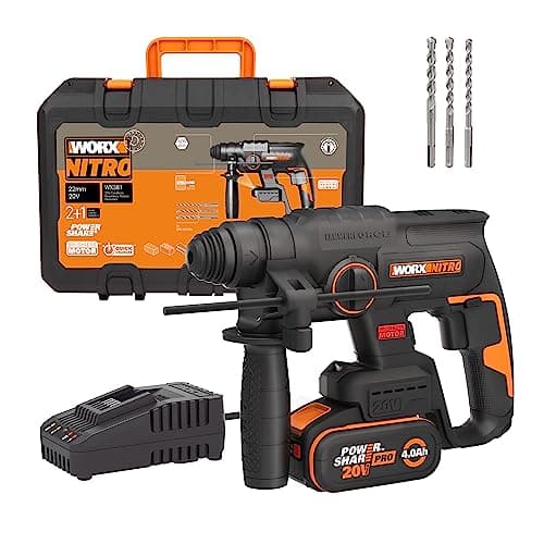 WORX WX381 Martillo ligero batería 20v Máx.Motor sin escobillas, perfora hormigón, mampostería y ladrillo de manera eficaz, hasta broca de 18mm, sistema anti vibración. 1 Batería 20V-4Ah y maletín