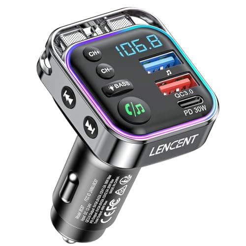 LENCENT Transmisor FM Bluetooth 5.3, Adaptador Bluetooth Coche con Carga Rápida PD 30W & QC3.0, Cargador de Coche con Alta Fidelidad Música Agudos, Llamadas Manos Libres