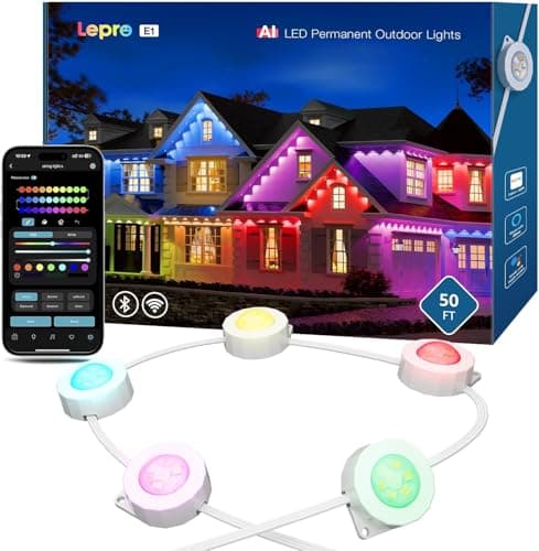 Lepro E1 AI Permanente Outdoor Lights 15m, 30 Leds Luces Exteriores Inteligentes para Aleros, RGBIC & Blanco Ajustable, Diseñador de Iluminación AI Personalizado Compatible con Alexa/Google Assistant