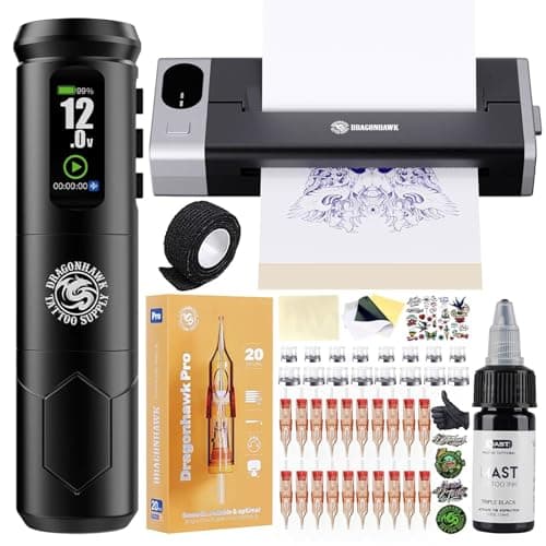 Dragonhawk A1 Pro Kit Máquina de Tatuaje Inalámbrica Rotativa 4.0mm Carrera Impresora de Stencil 20 Agujas para Principiantes