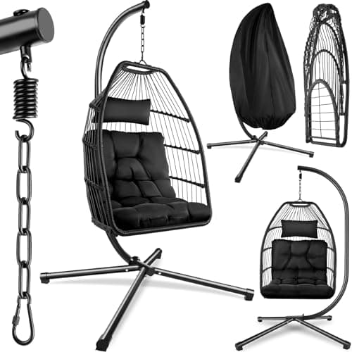 tectake® Columpio Jardín Exterior, Silla Colgante con Cojín Extragrueso, Sillón Balancín con Estructura de Acero y 4 Pies en Base, Hamaca Colgante Interior/Exterior, Plegable, Capacidad 160Kg - Negro