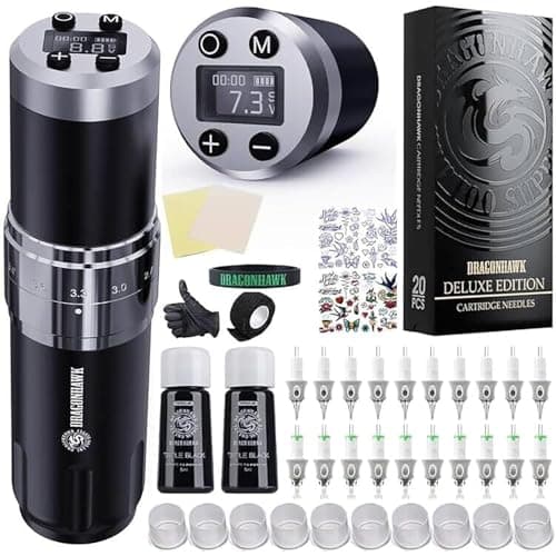 Dragonhawk Kit Completo de Tatuaje con Máquina Rotativa Inalámbrica, Longitud de Carrera Ajustable, 2 Baterías y 20 Agujas para Principiantes