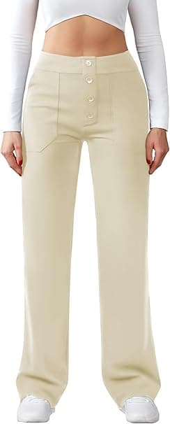Pantalones de Las Señoras de Cintura Alta Anchos Botón de la Pierna Recta Casuales de Trabajo de Yoga Stretch con Bolsillos