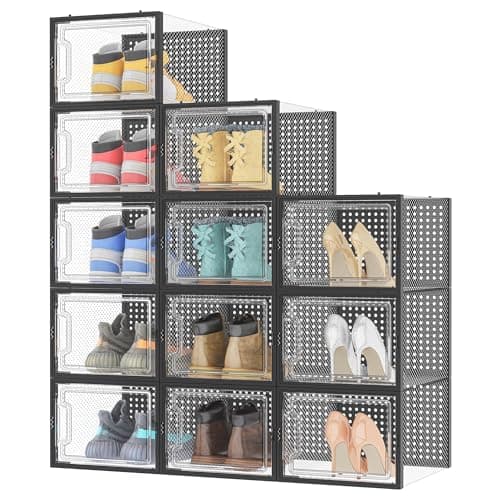 HOMIDEC 12 pcs Cajas de Zapatos,Organizador Zapatos de Plástico Transparente Apilables, Contenedores Organizadores de Zapatos con tapas para Mujeres/Hombres,Negro L